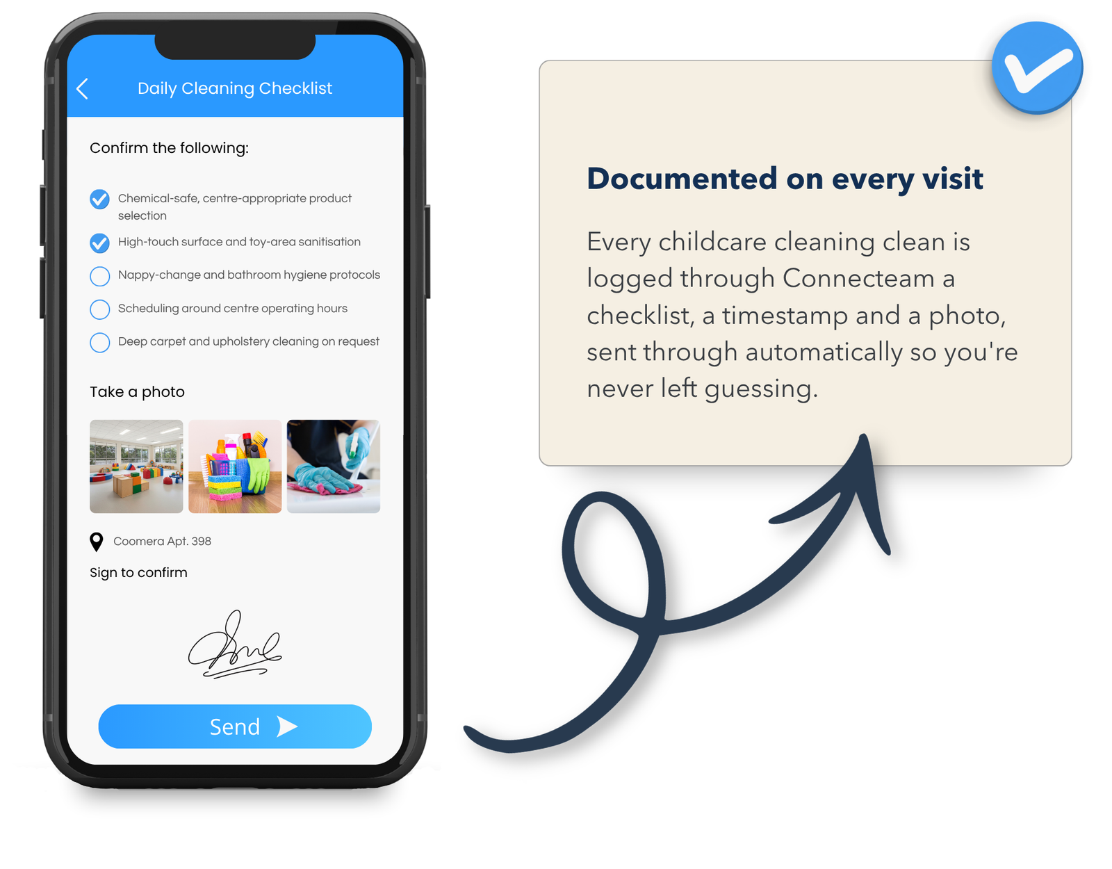Childcare cleaning Gold Coast checklist in Connecteam with timestamps and photos