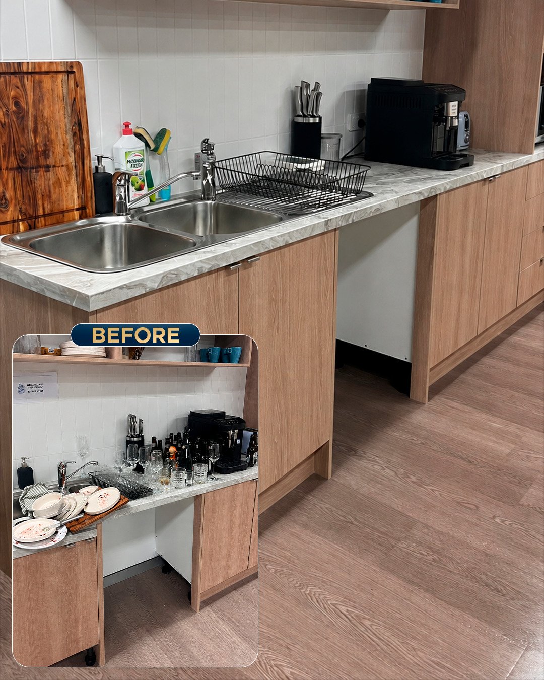 Office kitchen before and after office cleaning on the Gold Coast