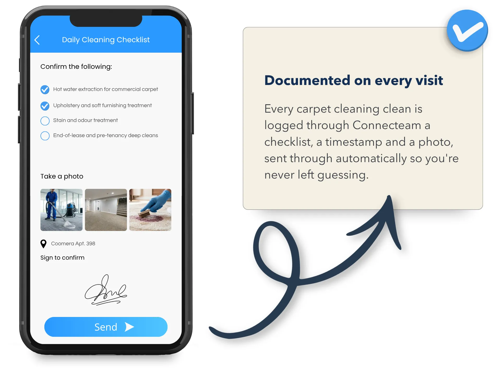 Connecteam checklist on a phone documenting a completed commercial carpet clean