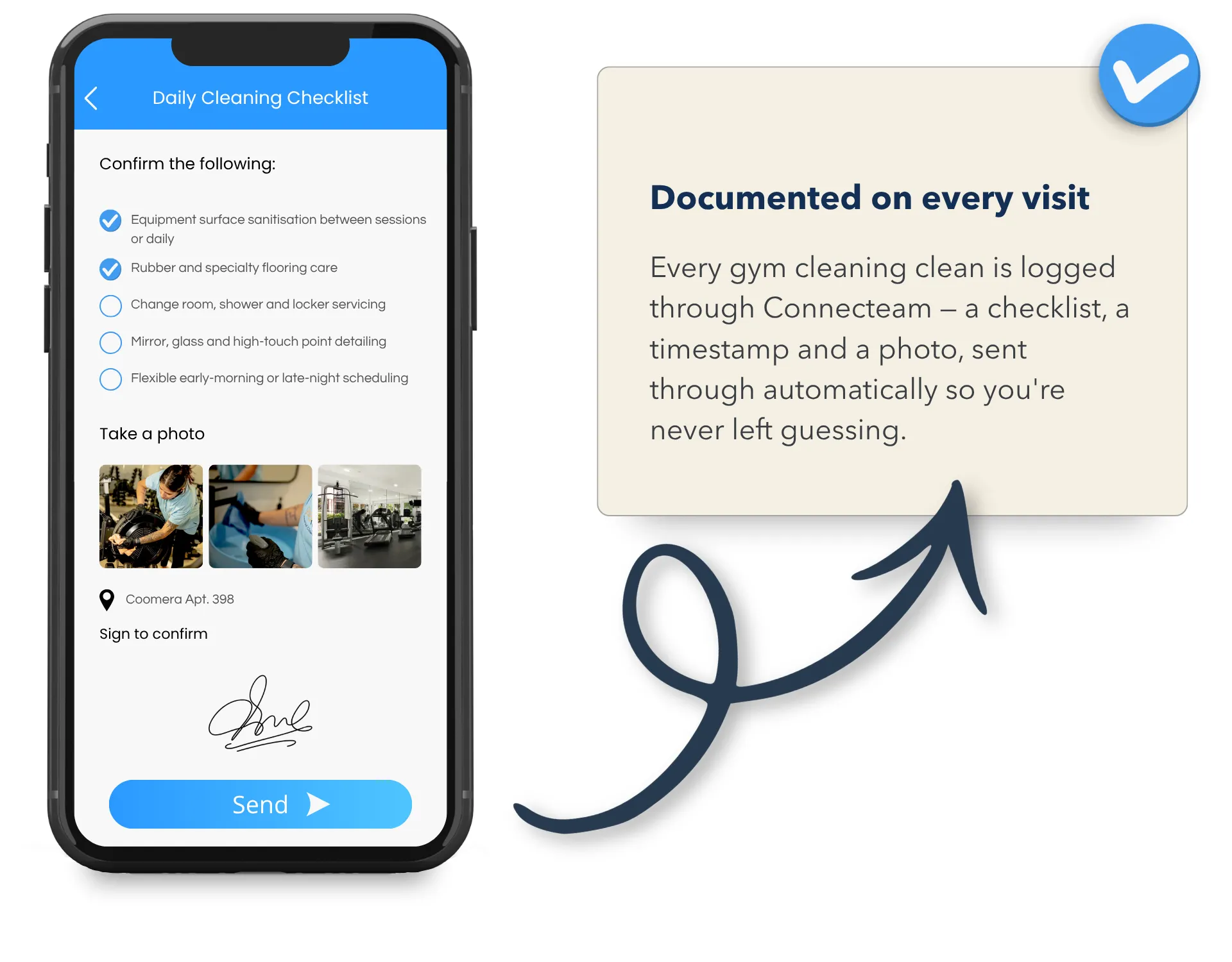 Gym cleaning Gold Coast checklist in Connecteam with timestamps and photos