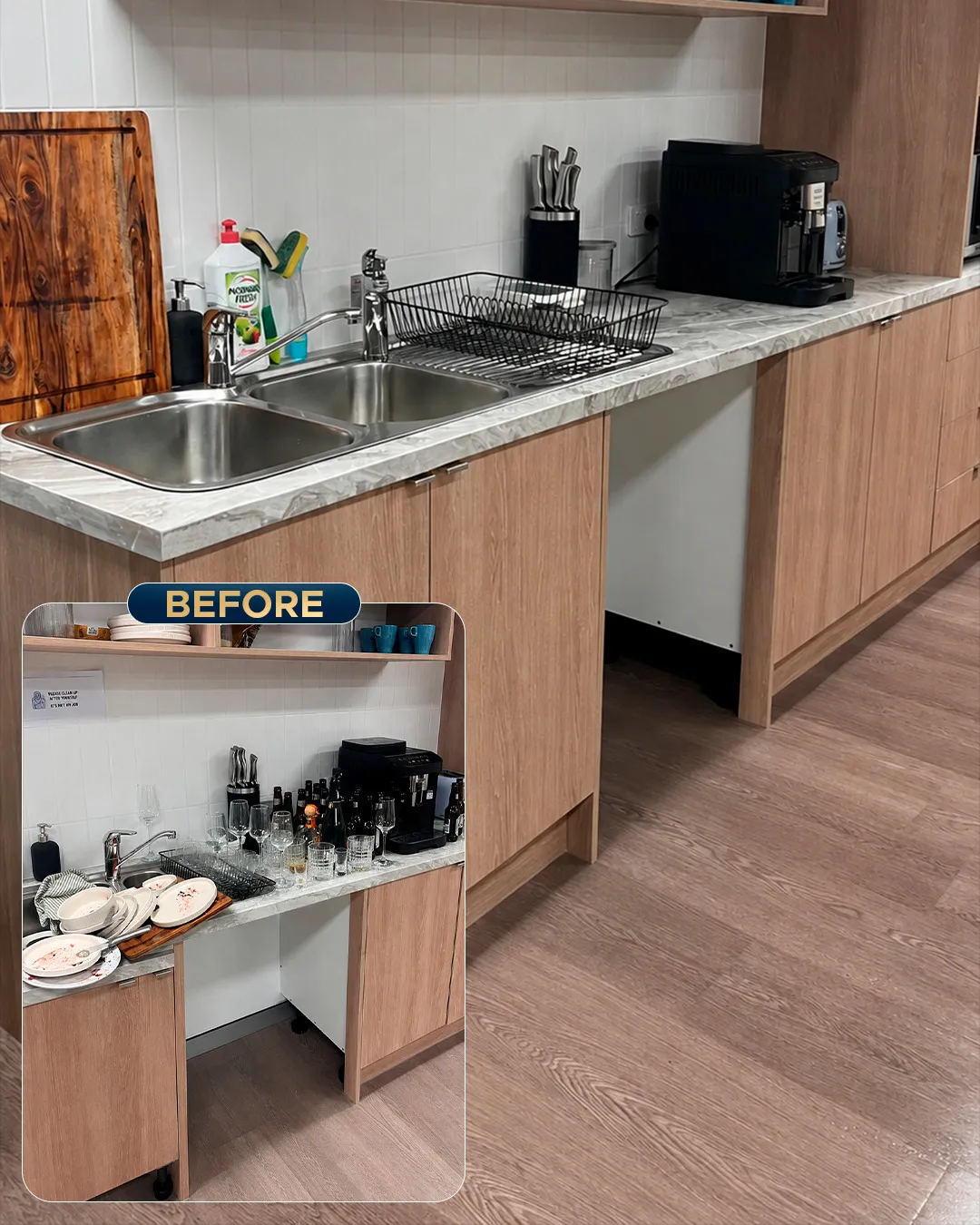 Office kitchen before and after office cleaning on the Gold Coast